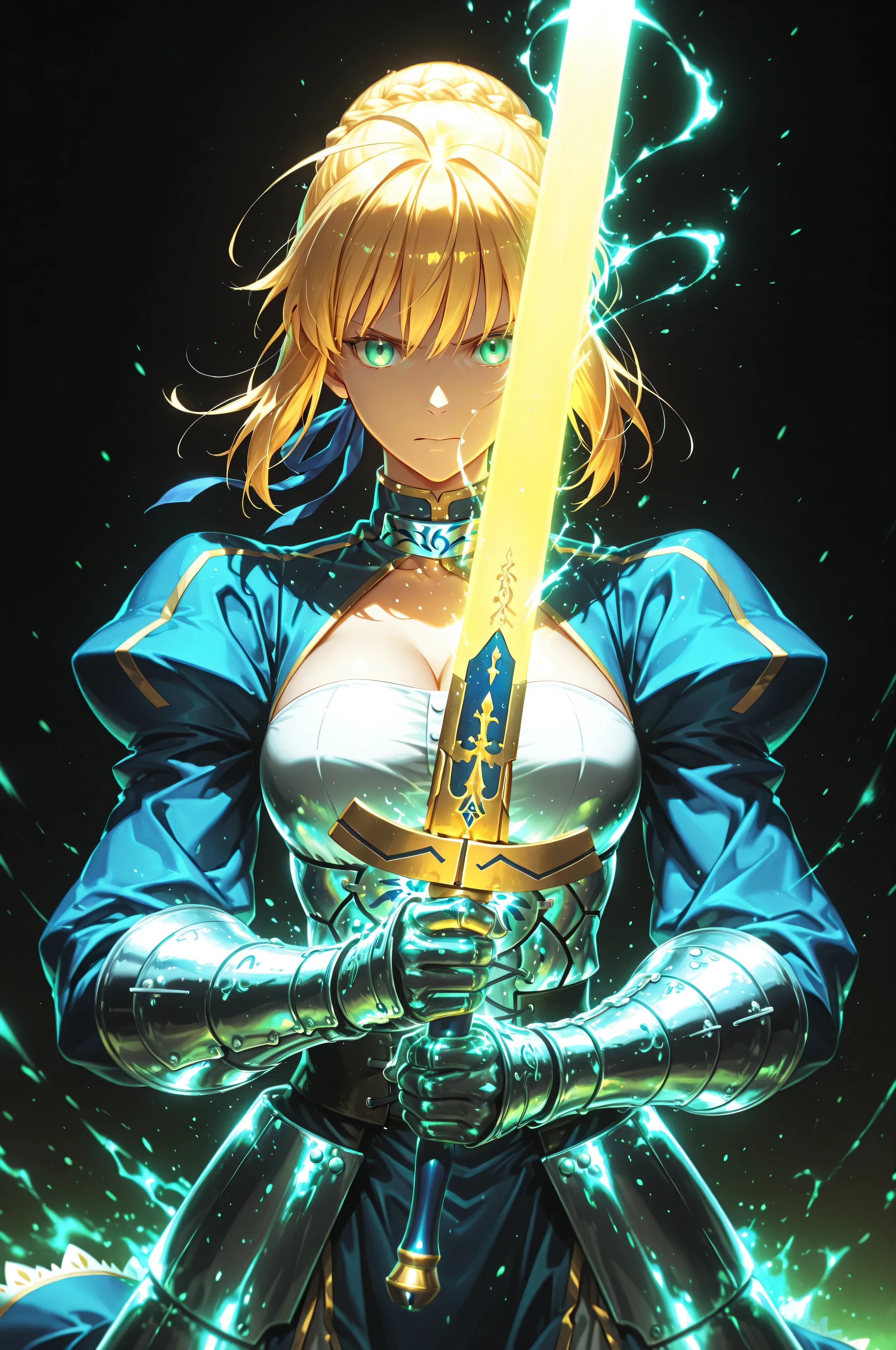 masterpiece, best quality, weapon, holding sword, 1girl, saber, fate_(series), 1girl, blonde_hair, green_eyes, tied hair, SHN journey, neon art, neon colors, glowing, glow effect, bright outlines, vibrant colors, high contrast, dark background, digital art,
