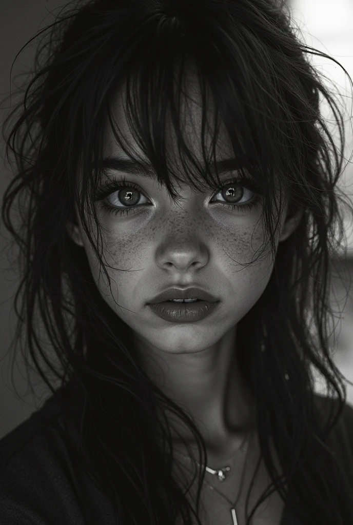(photographic, photo, photogenic) fully length portrait of woman [[[freckles]]] cinematic lighting ([[messy]] hair) [pouty lips] smile, black and white, symmetrical face, looking at camera