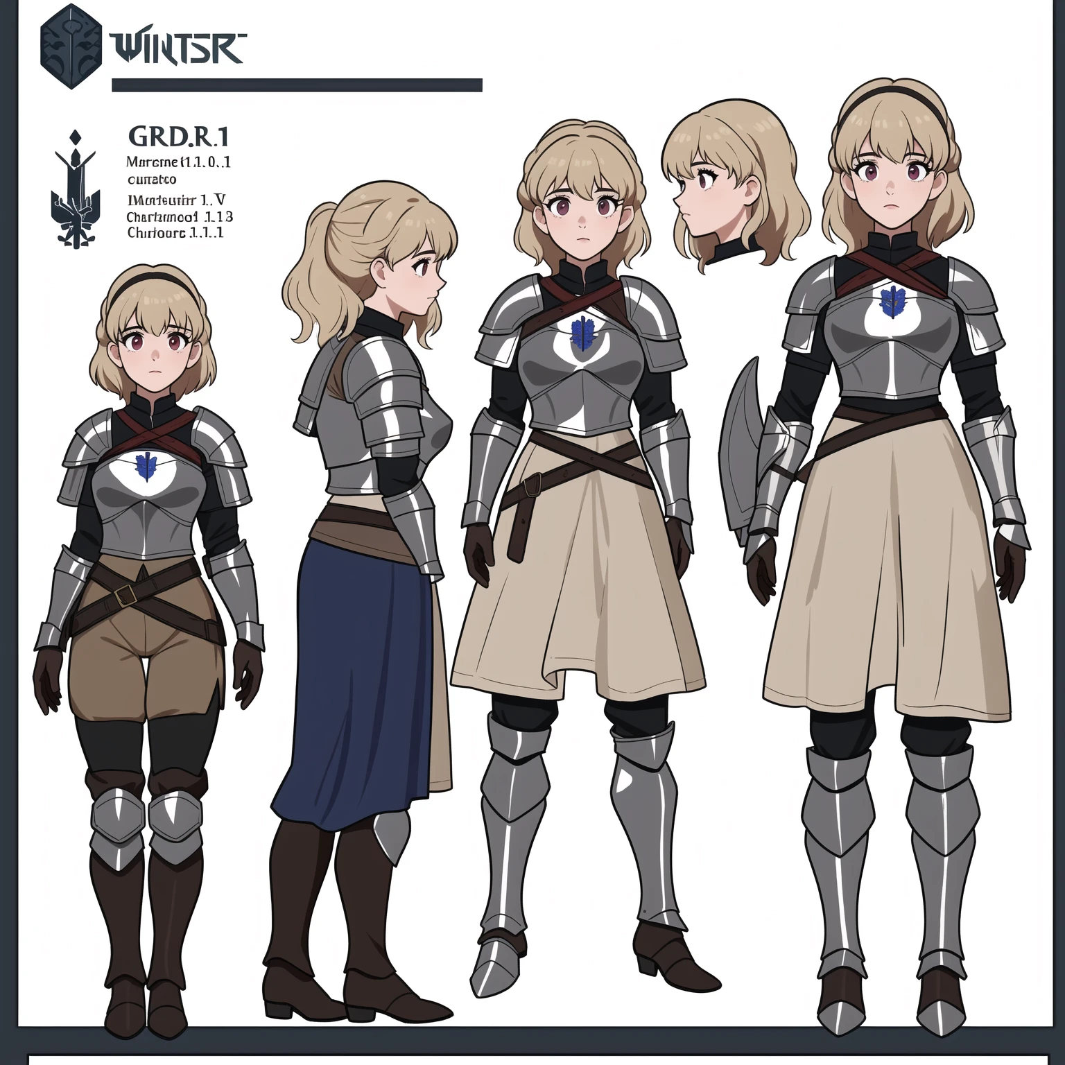 highres, masterpiece,
multi-view, turnaround, model sheet,  character design,
white background, simple background,
full body character turnaround of 1girl, Multiple views of the same character in the same outfit,
medieval, fantasy,
female warrior, medieval armor, chest plate, detailed outfit, metallic chest plate, pauldrons, arm guards, knee pads, white and purple tunic, beige pants, black boots, short blonde hair, ponytails, adventure genre, clothed in layers, cloth and metal attire, armored gloves, 
<lora:CharTurnRetag_v4:0.1>
<lora:Witcher3turn_v1:0.1>
<lora:Medieval2turn_v1:0.6>
<lora:bg3Turn_v1:0.1>