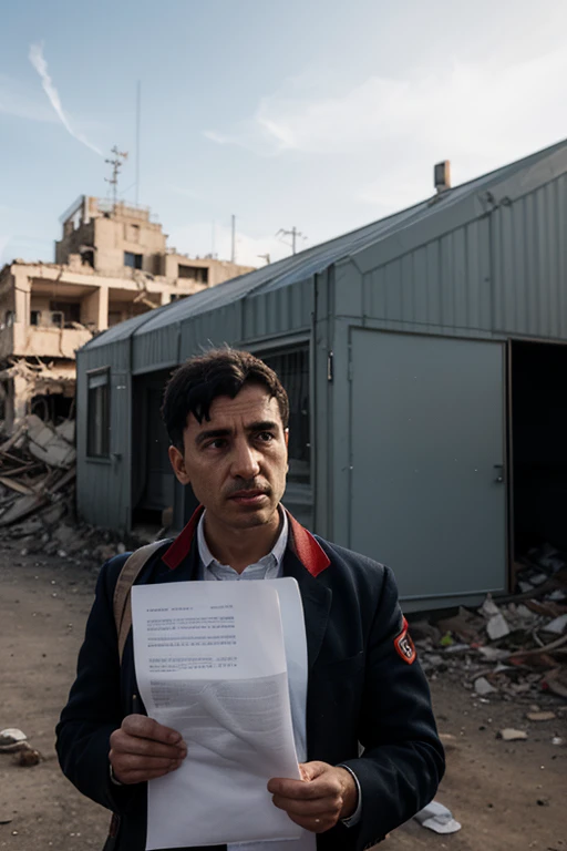 Wanted person's ad in the photo shows a destroyed burnt city
