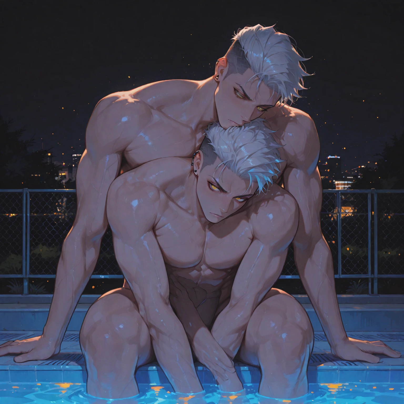 2boys,13 only、(Man's :2) ,twins,Handsome boy,Long silver hair、a blond、Upper body naked、starrysky 、sand beach、Back lighting、hightquality、masutepiece,8K,NSFW,