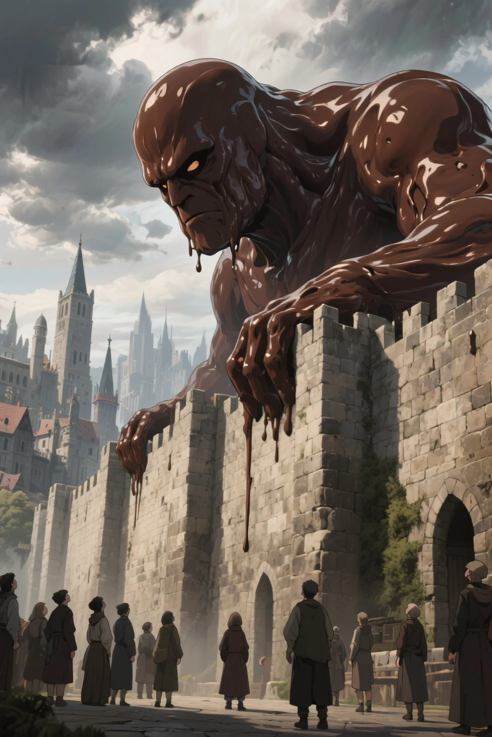 Fantasy anime style, cel shading, cinematic composition, 4K high detail. A massive humanoid giant made of rich cocoa is peering over the top of a high city wall, with only its head and shoulders visible, staring silently down into the city. Its "skin" is a deep chocolate brown with a smooth, slightly dripping texture, giving it the look of molten cocoa. Its expression is calm or faintly curious—not aggressive, but overwhelming in scale. In the foreground, tiny city dwellers stand frozen in place, gazing up at the towering presence beyond the wall in awe and disbelief. The background shows a medieval stone city, under a cloudy sky with dramatic lighting. The entire scene captures a surreal moment where a cocoa giant appears in a realistic fantasy world, with strong atmosphere, scale contrast, and visual tension.