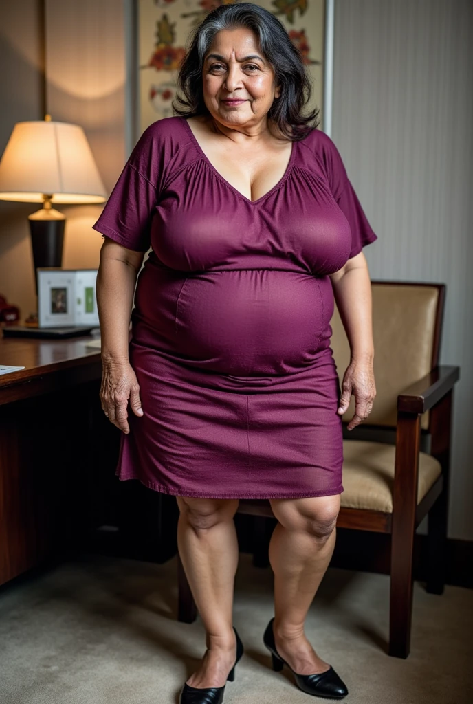 RAW PHOTO, her name is Alejandra, high quality, 1 old woman, ((58-year-old plus sized body latina woman)), (((58 years old))), ((plus sized)), ((chubby body)), ((wrinkled body)), (((old body))), ((long hair)), wearing stylish fashionable office wear different colored, POSE: dynamic pose, BREAK, BACKGROUND: indoor: film grain