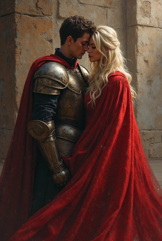 A knight in silver armor is embracing a blonde-haired woman wearing a red dress. The knight gently rests his head against hers, while she keeps her eyes closed in a gesture of trust and affection. The image conveys a sense of love and protection in a fantasy or medieval setting.