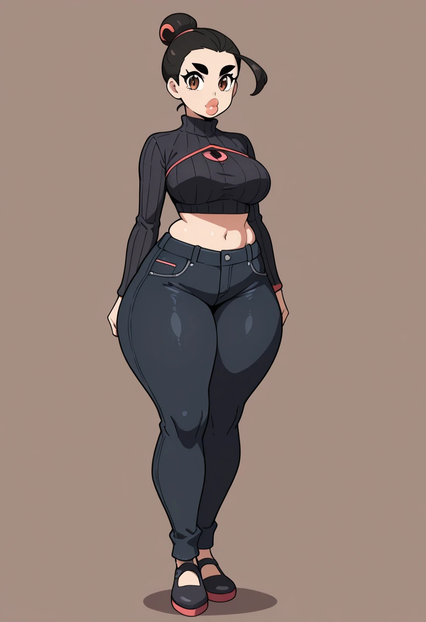blank background, (((full body))), (masterpiece), ((best quality)), ((tall girl)), straight hair (curvy:1.6), (punk girl), shoes, belt below navel, black hair, wide hips