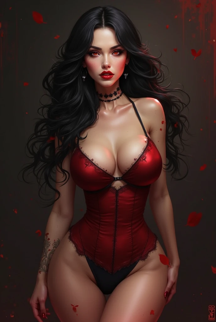 Full body of a black succubus with curly hair, bright and seductive red eyes, inviting thick lips wearing bulging clothes highlighting her curves.