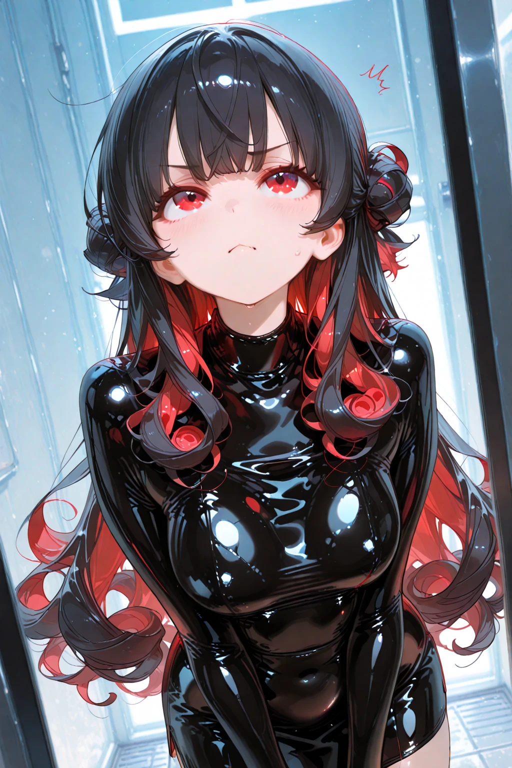 (Best quality, 8k, 32k, Masterpiece, UHD,:1.2),RAW, 1girl,ultra cute , natural lighting,transparent shining eyes, 20yo ,fair complexion ,flushed face,dynamic Lighting,sheer black bodysuit, kneeling, indoors, skintight black bodysuit, bodysuit, thin bodysuit, tight attire, skintight suits, skintight black clothes, sheer, nylon tights, wedgie, Cameltoe