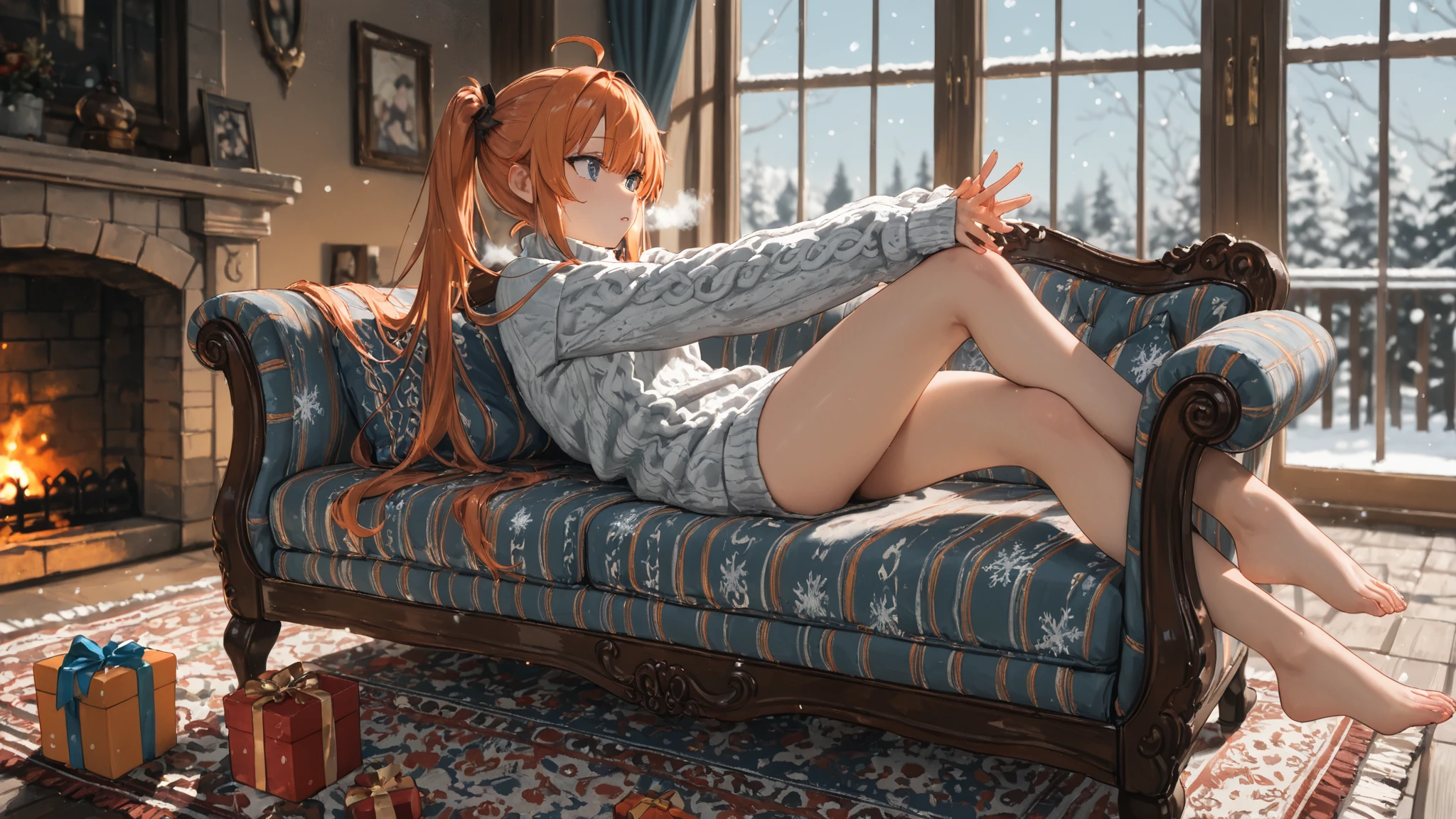 best quality, 4k, high resolution , anime girl , young girl, 24 years old, bangs, long hair, relaxed face, perfect shot, perfect anatomy, detailed face, detailed eyes, snowy background , cabin , tall girl , 2 girls, realistic, 4k , masterpiece , ilustration, digital art, full body, sohryu_asuka_langley, sitting, pov , sitting, cup of chocolate, chimney, fur rug, sofa