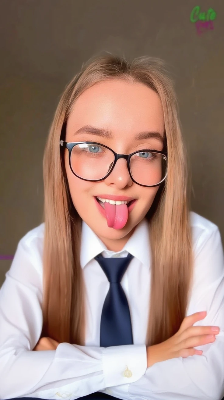 cute ponytail blonde girl wearing glasses and with pink lipstick, in office room, cow girl, sucking penis, fellatio, blowjob, oral sex, drooling, dripping wet, wearing white shirt unbuttoned,