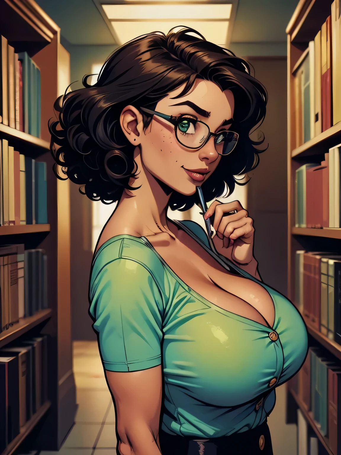 cartoon style:1.2), woman, Krista Allen, draw ART Artline, background a library with bookshelves, spanish woman, woman cartoon, sexy clothes , fearless and super brave girl , cartoon style illustration, cartoon art style, cartoon art style, digital illustration style, very detailed character design, cute detailed digital art, City fan art, portrait character design, linda digital illustration, High quality portrait, comic art, character design portrait, library background. Busty without clothes and very big breasts, perky tits, Cartoon style female character dressed as sexy schoolgirl, Beautiful character pose in dynamic pose, wearing glasses, schoolgirl uniform, deep cleavage, very short skirt, white thong, long stockings, beautiful breasts, well defined body, delicate and sensual, perfect hands, perfect fingers, full lips, long hair red head, cartoon style, digital illustration, J. Scott Campbell style