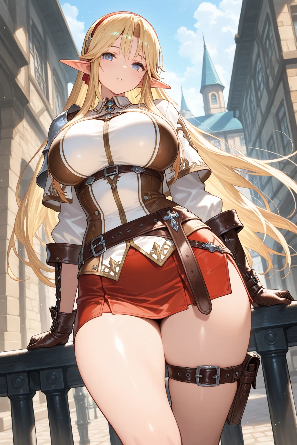 best quality,1girl,((((10 years old:1.3)))))),((big breasts:1.3)),curvy,orgasm,blush, sweat,blue eyes,blonde hair,((long hair:1.3)),straight hair,((waist-cape armor,white shirt,red skirt:1.3)),mini skirt,fantasy,((lift skirt,upskirt,lace panties,white panties:1.1)),kneehighs,forest