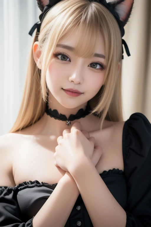 ((highest quality、Masterpiece、High resolution))、(((Zoom photo of upper body)))、(A shy smile:1.2)、One 15-year-old female、Beautiful Skin、Beautiful Eyes、Large Breasts、Cat ears headband、Black dress、Blonde Hair、Trimmed bangs、Short Bob