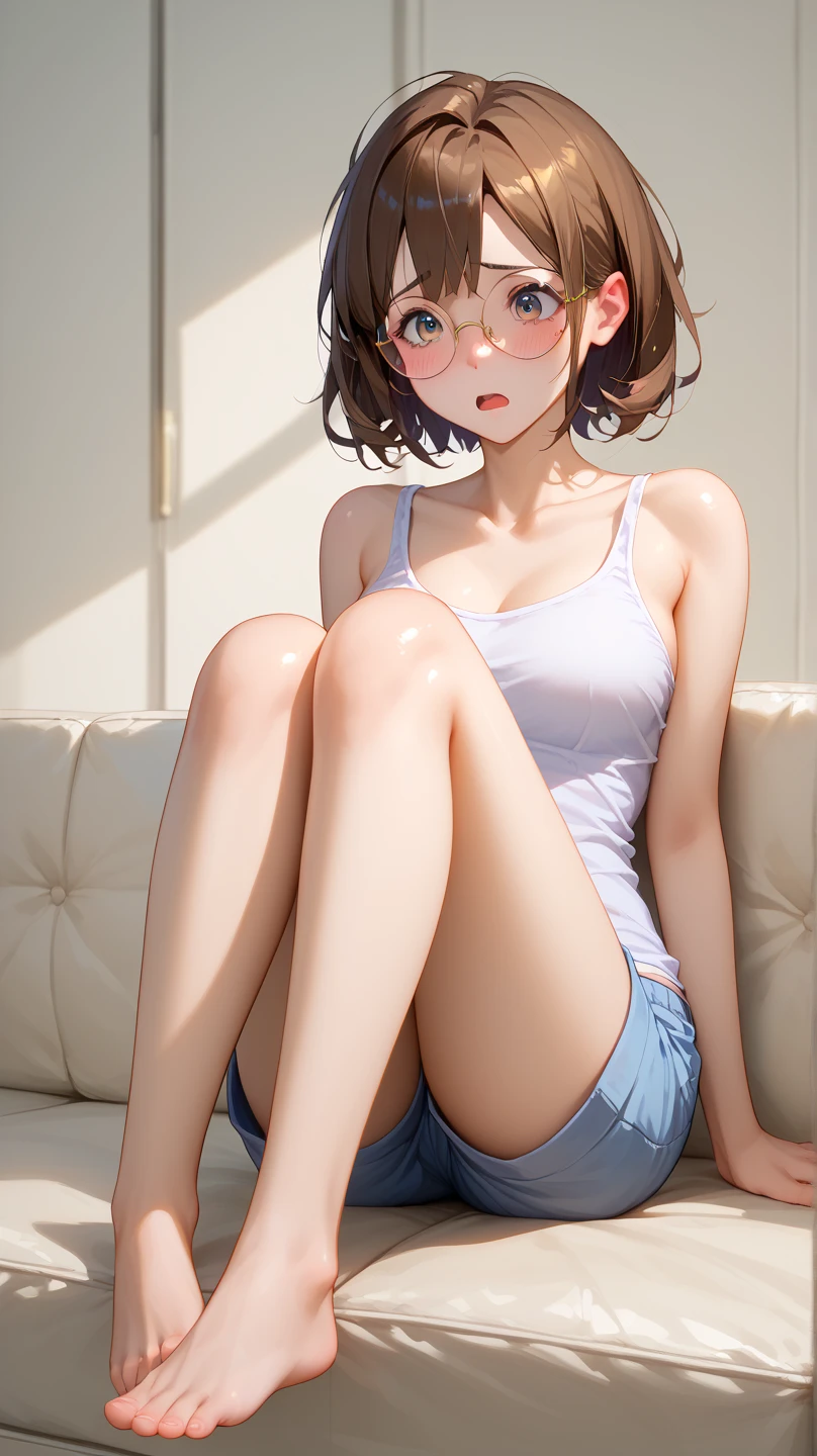 NSFW, Goddess Magazine, Masterpiece, Top Quality, (Solo), (Solo), (with Small: 1.3), Flat Chest, Glasses, Very Short Hair, Dull Bangs, Tube Top Shirt, Shorts, Open Mouth, Stick Out Your Tongue, Sweat, Blush, Saliva, From Top, (Wide Hips:1.2),Half Closed Eyes,Smile,Sit On Bed,Open Legs,gleaming skin, long sideburns,