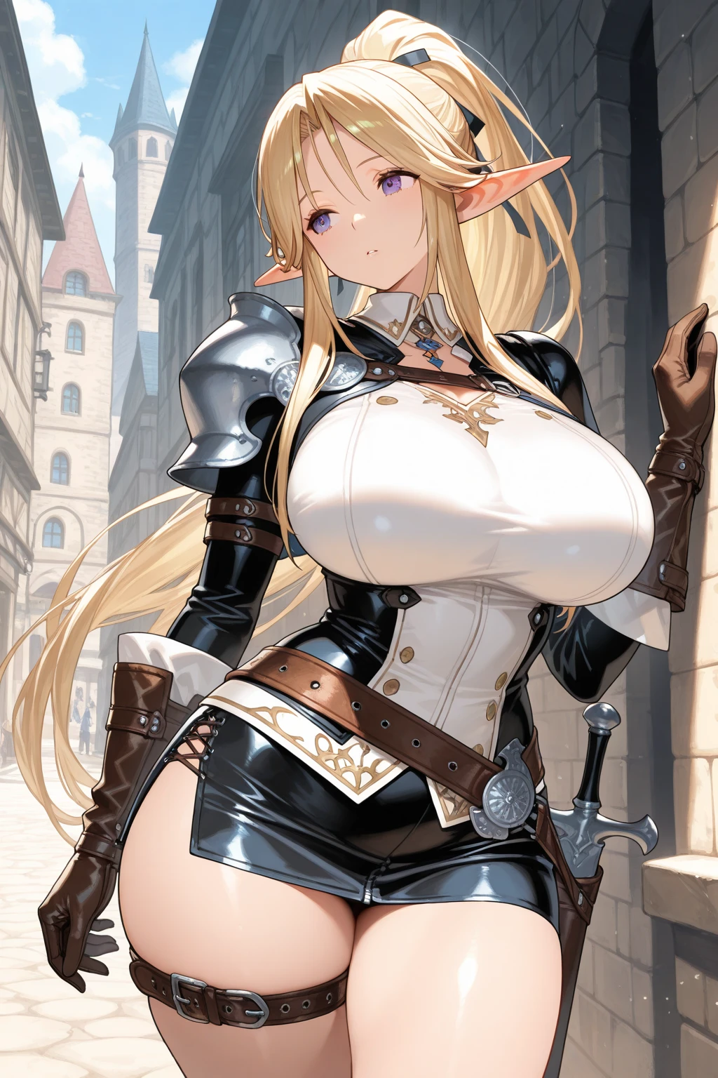 (female chest covered)(smile)Gray skin, pale golden hair and violet eyes. They prefer clothing of white and silver with cloaks of deep blue or purple, village background, huge_knockers ((very precise detailed)) ((highres)