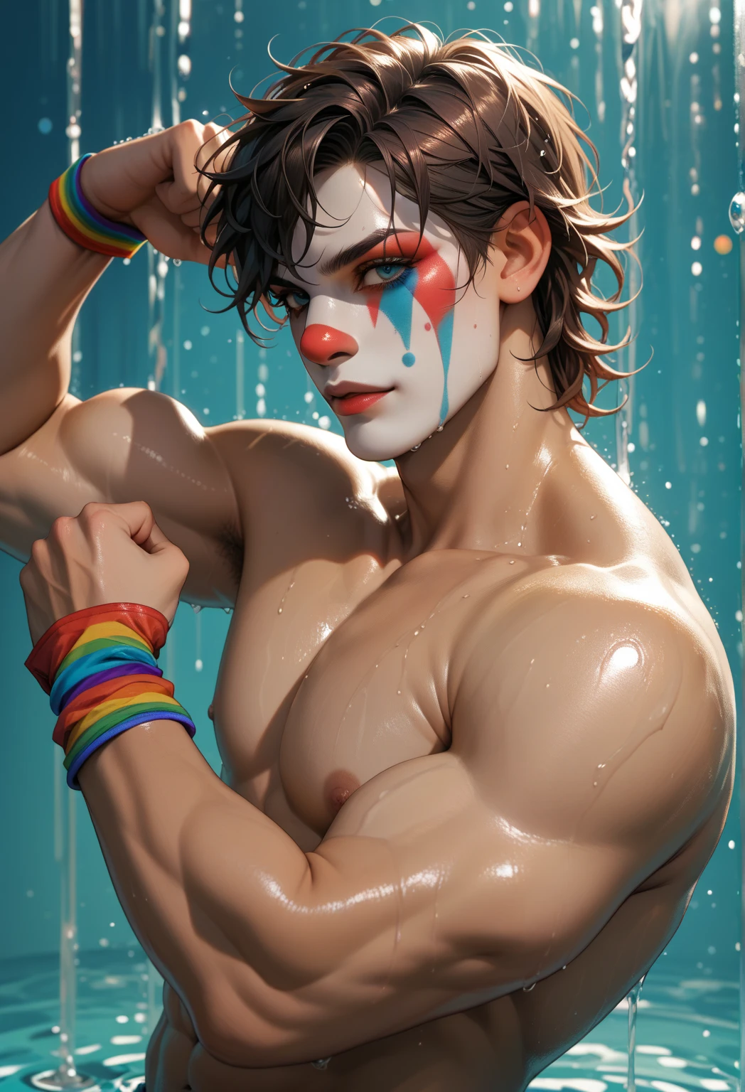 There is a 3D image of a woman with a clown nose, e 2K Cutecore Clowncore, not shirt :: High detail, cutecore clown, pale blue skin, pale snow white skin, corpo completo do personagem, Corpo extra detalhado, dramatic smirk pose, corpo perfeito sombreado realista, pose de bolo de carne, pele azul lisa, com pele azul