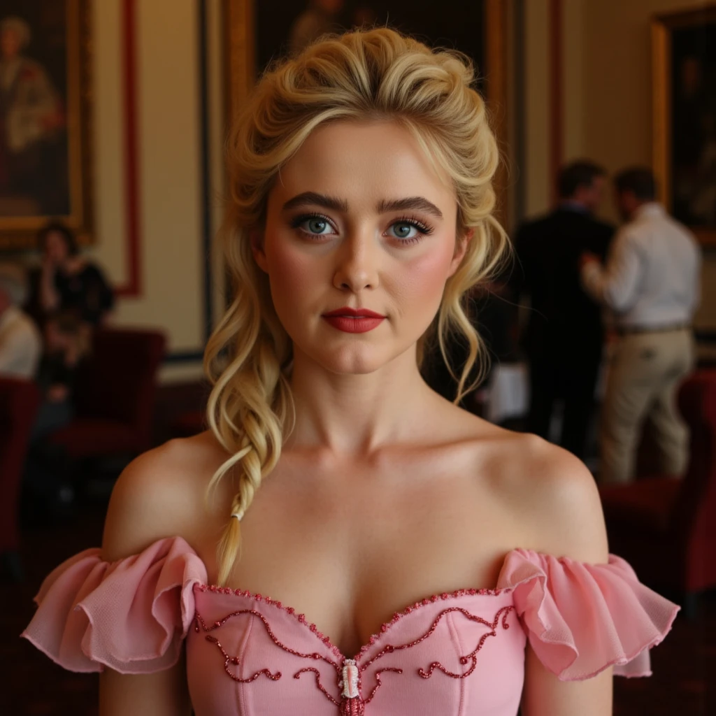 hyperrealism, (photorealistic:1.2), (photorealistic light:1.3), masterpiece, best quality, perfect detail, professional photo, realistic photo, raw photo, realistic style, detailed face, young princess, blonde hair, thin body, crown, vintage  gray dress, low neckline, posing in an old castle castle, gothic atmosphere, a crowd of servants around.