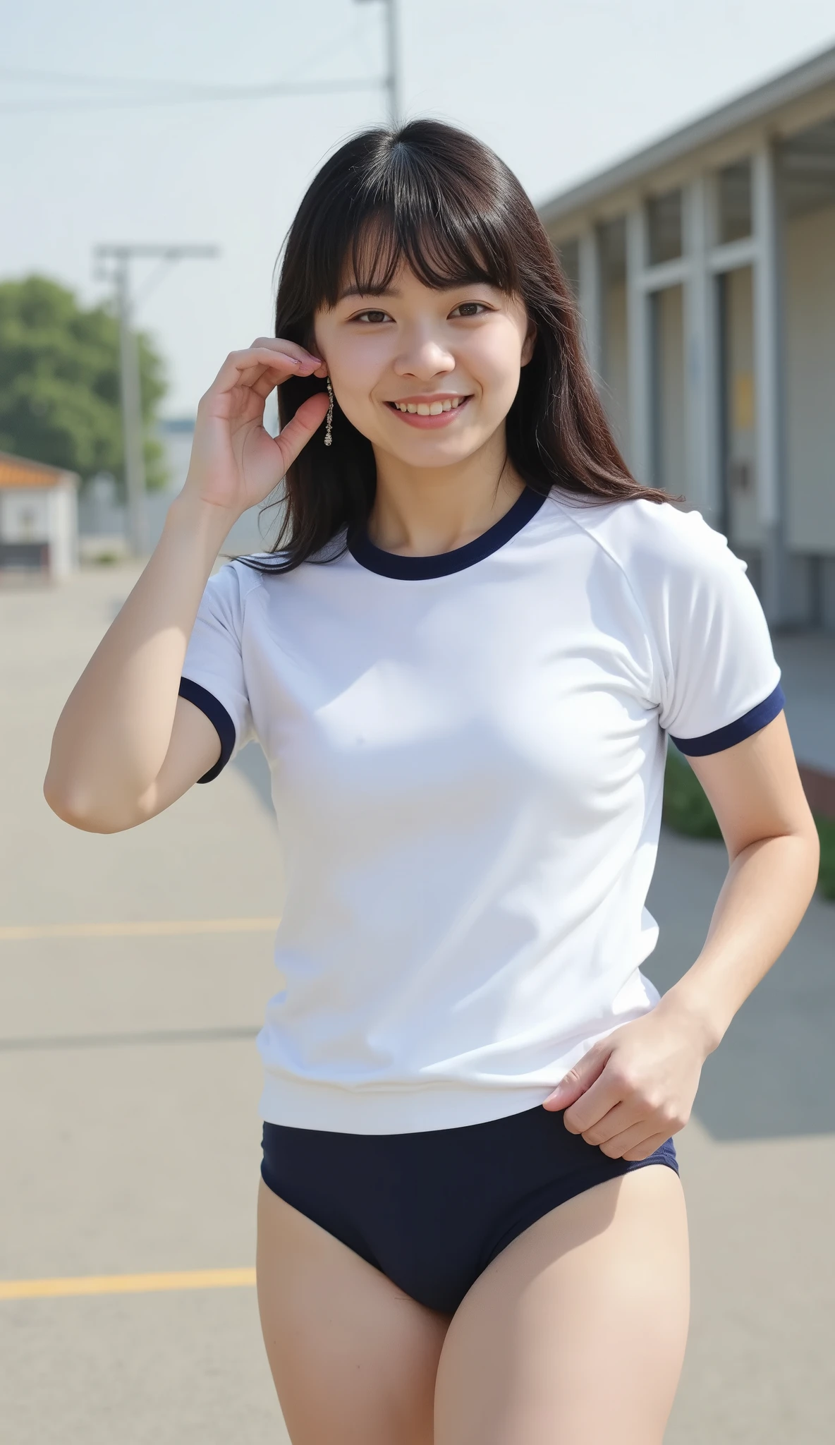 **(Representative works:1.2、top quality、Mirror-like、cinematic experience、Super Detailed)、(photorealistic stick:2.0)、(RAW pictures:2.0)、(Exquisite picture )、8k、Wallpaper、cinema lighting、(detailed border)、(1 woman:2.0)、17 years old、(Japanese:2.0)、(standing on a gym mat)、(beautiful face:2.0)、(white gym clothes for physical education:2.0)、(navy blue gymnastics bloomer that fits perfectly:2.0)、(detailed clothing texture:1.3)、(thighs:2.0)、 (beautiful face、detailed face、Beautiful Eyes、Beautiful Eyes、Beautiful skin、skin texture:1.3)、dark haired、(beautiful female hands:2.0)、(Detailed Handshake:2.0)、(cameras:2.0)、Japanese school playground background with gym mat placed on the ground、sunny day、sports equipment and running track in the distance、realistic depth of field