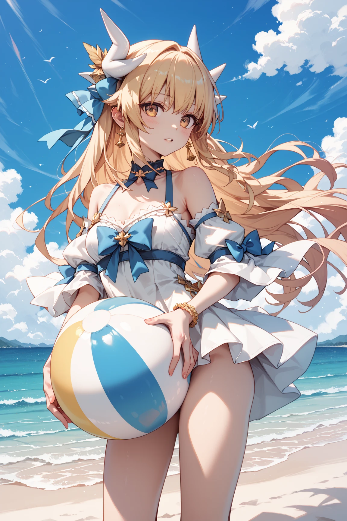 Best quality at best, tmasterpiece, Incredibly beautiful, very elaborate 8K wallpaper, otherworldly beautiful girl, , (Dark skin), (blonde hair pink gradient hair), Side pony, intermittently, Open your mouth and laugh, Long eyelashes, cosmetics, Close her eyes, (zoomout, The large, BigREAK, 夏天, Beachy, (比基尼), Reflection in the water, (Floating water drops blur foreground), (blue-sky), lens flare glow, (water splash), rays of sunshine,
