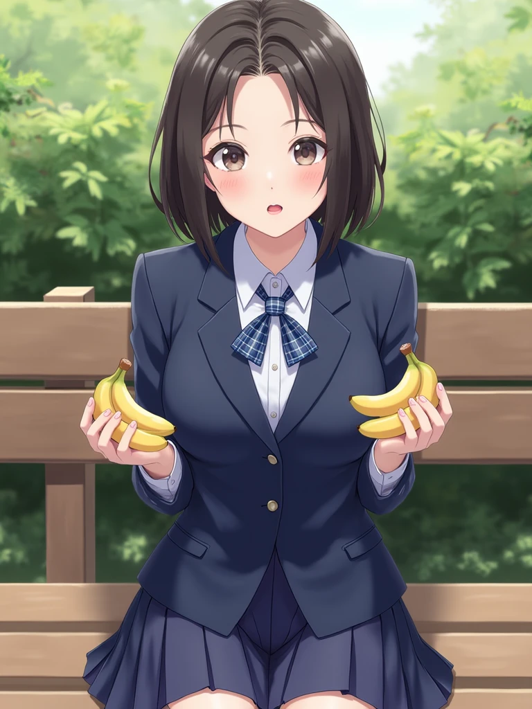 ((Whole body)),(masterpiece, Best Quality), 1 18 year old anime girl in scout clothes, neckline, mini skirt, big breasts about to eat a banana, opening his mouth in a park landscape, ((view from above))