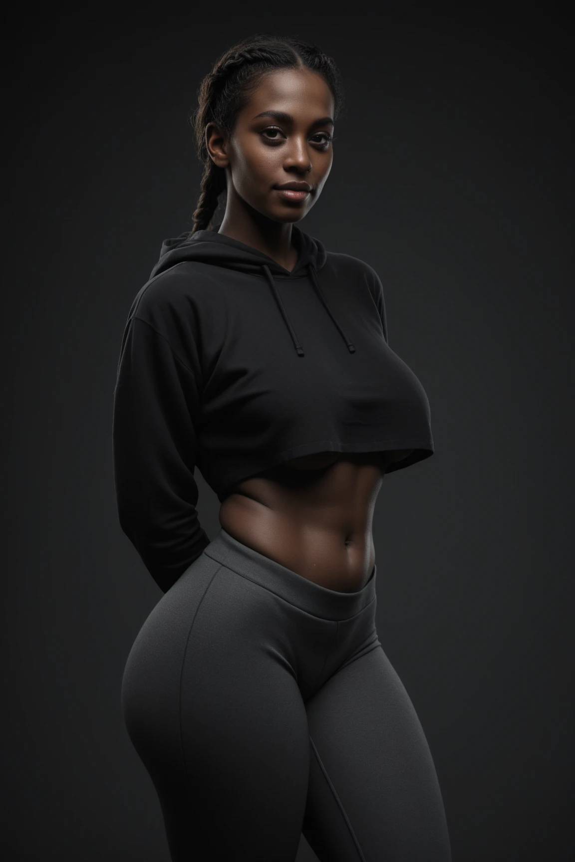 woman, ebony skinned, slim, abs, masterpiece, best quality, absurdres, portrait, illustration, elegant, digital painting, sharp focus, full body, cropped hoodie