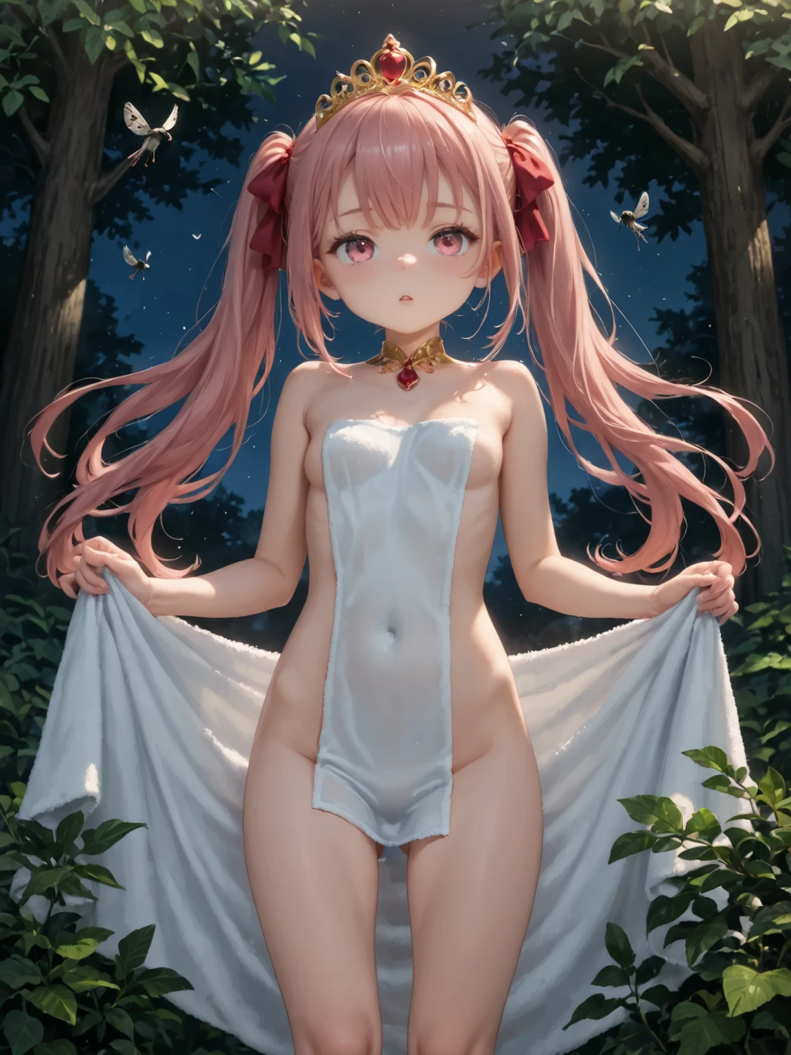 fullnude、Girls in a courtyard, cute bow, (pubic hair), shy small smile, (FLATCHESTED:1.3)、flat chest, superflat chest, (one embarrassed girl naked: 1.3), (fully clothed girl holding naked girl:1.3), one embarrassed girl naked and second girl in sundress, zero breast size, blunt bangs, red-haired girl with two long braids and the second girl is blonde with two ponytails, Shiny hair, Delicate beautiful face, White skin, Beautiful cloud, Dusk sky, rural girl, sundress