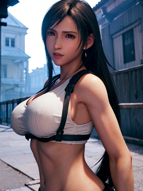 Tifa semidesnuda, cuerpo entero, pose sensual, culo redondo, big breasts and light brown eyes. 8K, mejor calidad, obra maestra
