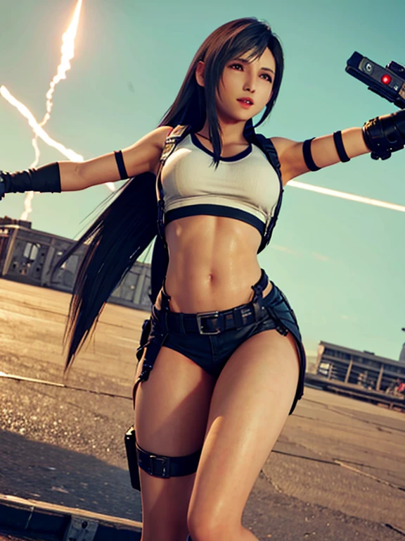 Photorealistic, High resolution, Soft light,1womanl, Solo, hips up high, (Detailed face),The tattoo, Jewelry, T-shirt with rough chest, Beautiful Soldier, beautiful commander,An eye that invites the viewer, Lover's perspective, inviting expression, Sexy smile, Perfect Style, Nice balance, Detailed skin, Naughty gaze, Chest visible, Photo Quality, photos realistic,Russian Korean,17 years old、a beauty girl,Small textACup Breast,Stand with weapons,Small,Small buttocks,Small waist width, super photos realistic,Thin leg,Live Action,The texture of the costume also has a Live Action feel.,realistic image of face,