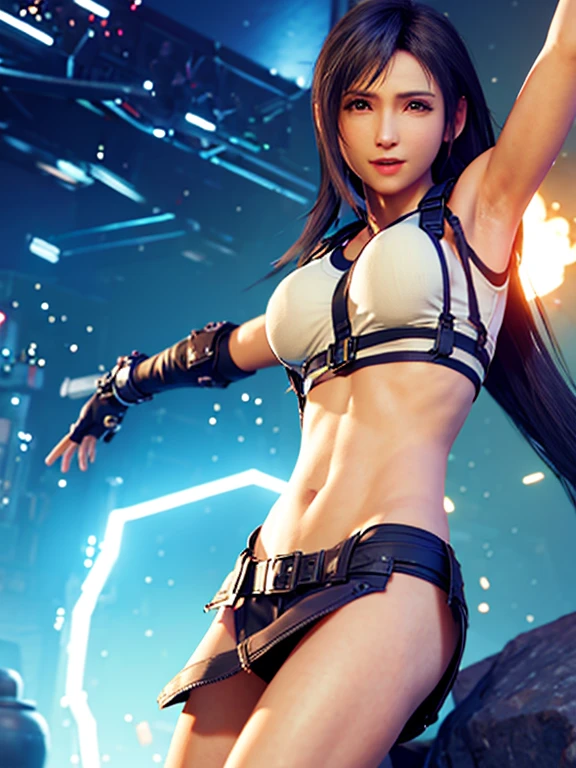 ((Master quality, 8K, masterpiece:1.3, ultra-detailed, high resolution, RAW Photos, detailed , blurry, Actual, hyper realistic, photo, HDR)), BREAK, Anatomically perfect, perfect hands, perfect legs, perfect feet, detailed eyes, BREAK, One person alone, ff7r style, tifa lockhart,, beautiful face, beautiful detailed eyes, (dynamic posing ), long hair, ( Round and Stacked Breasts ), Cleavage, abs, seductive smile:1.5, Sweat-soaked skin, BREAK, wearing( ), , Graffiti art, BREAK, ( Random Angle, full-body, ), dynamic angle, , background(Realistic , cinematic lighting, depth of field, night , the full moon,, cyberpunk city atmosphere light particles, , )