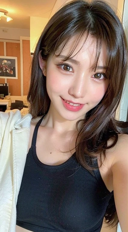 (realistic, high resolution:1.3), (face close up), 1 girl with perfect figure, super fine face and eyes, black hair,medium hair, tank top: 1.2 in random colors, short、skirt, bridge, big breasts, cleavage, choker, smile