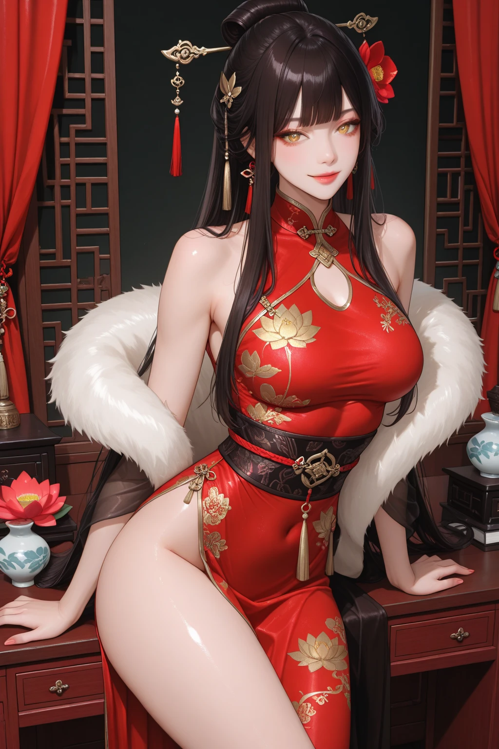 "A stunning Asian woman with an oval-shaped face, sharp and seductive dark eyes, and full red lips. She has very fair. smooth skin with a slight glow. Her long, wavy black hair cascades down naturally. Her body is slim with pronounced curves. She is wearing a stylish red dress that highlights her large cleavage and has a high slit. She strikes a confident and elegant pose, with inviting eyes. She might be wearing high heels and small accessories that add a touch of elegance and sophistication."