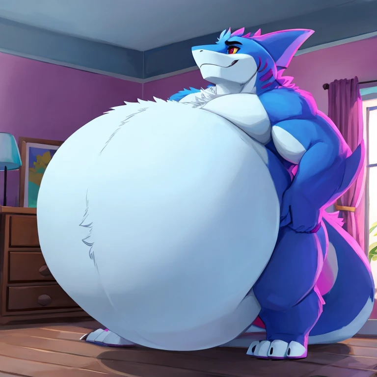 {Side view} a couple of furry young girl and a furry young boy in a house indulging with food {[girl: canine, anthro, huge breast, round belly, huge thighs, wide hips, fat, (morbity obesity:1.4), fat blob, fat arms, massive belly, inmovible fat, fat belly, round belly, stuffed]}, {[boy: canine, anthro, fat, (morbity obesity:1.4) fat legs, fat belly, fat arms, massive belly, fat, fat belly, round belly, huge paws, stuffed, hands on belly]} looking each other, barefoot, shorts, underwear, size difference, same age,  