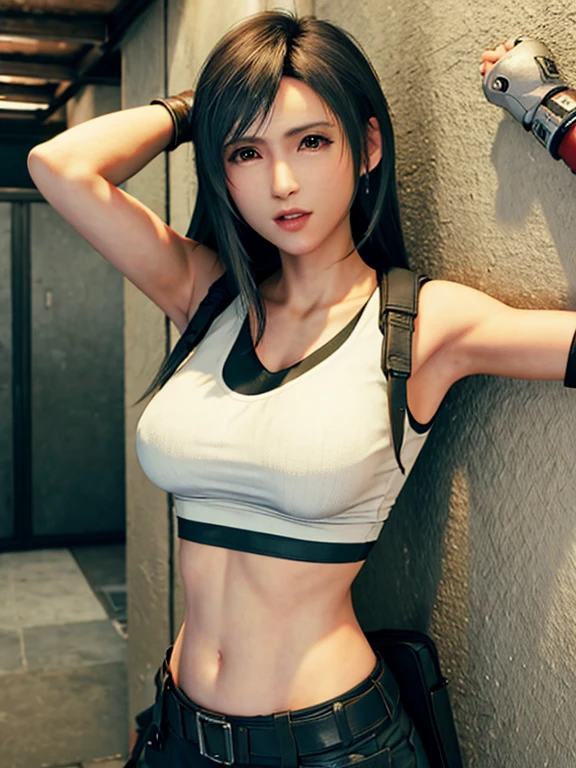 (masterpiece), (Top image quality), 8K resolution, Ultra-detail, Ultra-detail, Realism, (1girl in), Tifa, Final Fantasy, Tifa lockhart, rays of sunshine, cinematic, Cool Pose, Concrete walls,metal pipes,The description of Red Eye App,Detailed double eyelids,short-hair、Dark brown color,slender,Model body type,no-makeup、Bust Bcups