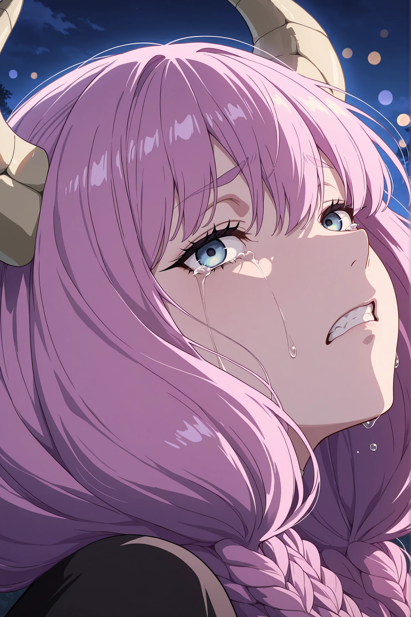 masterpiece, best quality, amazing quality, 1girl, aura \(sousou no frieren\), from side, portrait, frown, clenched teeth, crying with open eyes, horns, looking up, looking at viewer, night, bokeh, absurdres, highres