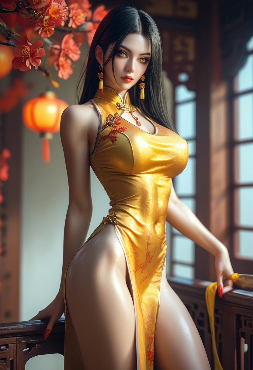 (masterpiece, best quality, ultra detail: 1.2), 1 girl, perfect shape, (g0ld3mb, gold: 1.1), (beautiful tight dress emphasizing the perfect figure: 1.1), long straight dark hair, braided hair wrapped in white silk, (red background) :1.2), next to the werewolf