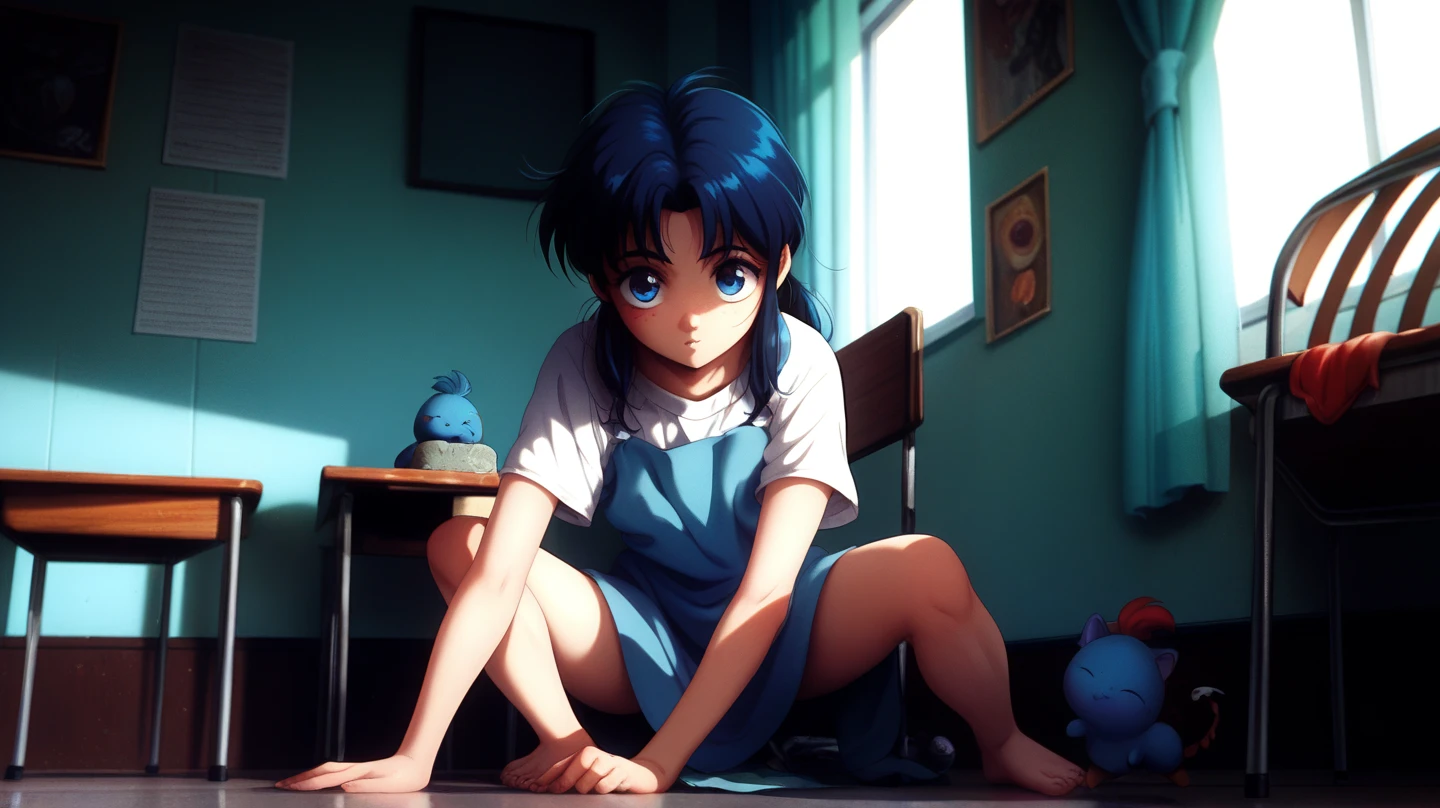 The boy sat on a stool,Wearing blue overalls,Short hair is neatly combed。