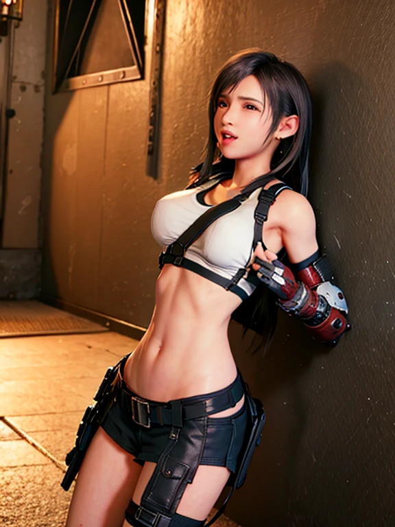 Tattered little white tank top, no bra, 1 girl, (black miniskirt: 1.15), (suspenders: 1.2), thick leather gloves, solo, woman, (pyoapple v1:1.05), pyoapple, (parted lips, light smile), (shiny skin: 1.1), blush, (bangs)), long hair, clenched fist, duke, fighting pose, skindentation, ( slim slender body)), (long legs), model figure, top quality, ultra high resolution, (photorealistic), (detailed face and eyes), industrial slam cyberpunk dystopia background