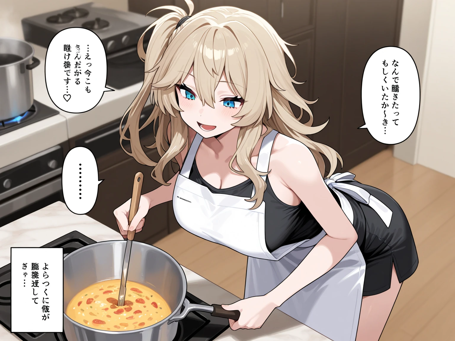 rich morizono .blue eyes, blonde hair, blush, hair ornament, long hair, two side up,, large breasts, live stage, solo nsfw naked cooking