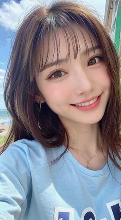 (8k、highest quality、masterpiece、超A high resolution、High resolution face:1.3)、Portrait、(20-year-old girl:1.3)、Bokeh Depth of Field、frontage、 The smile of a genius、Ultra-detailed、Ultra-high resolution、(Realistic、Realistic photos:1.37)、High-resolution RAW color photos、Professional photography、hVery detailed and beautiful、Very detailed、8k Picture Wallpaper、Incredibly detailed、Large file size、Official Art、HVery detailed CG Unity 8k wallpapers、hVery detailed beautiful girl、Very detailed顔、Very detailed目、Very detailed皮膚、Very detailed指、hVery detailed nose、Very detailed詳細な口、Perfect Anatomy、HVery detailed clothing、1 girl、(18:1.2)、Teen、cute、Famous Japanese Idols、cute、Realistic body、、White skin、Glowing Skin、The body is slim、Handsome body、Brown haired、(Blunt bangs:1.2)、Classic wavy long hair、 (Hmph:1.3),Laughter、cute、Zola々right、cute faces、A vivid face、Delicate eyes、Source Order、White T-shirt、Skirt、Looking at the camera、Cowboy Shot、Along the River、Positive、Contrapo、public