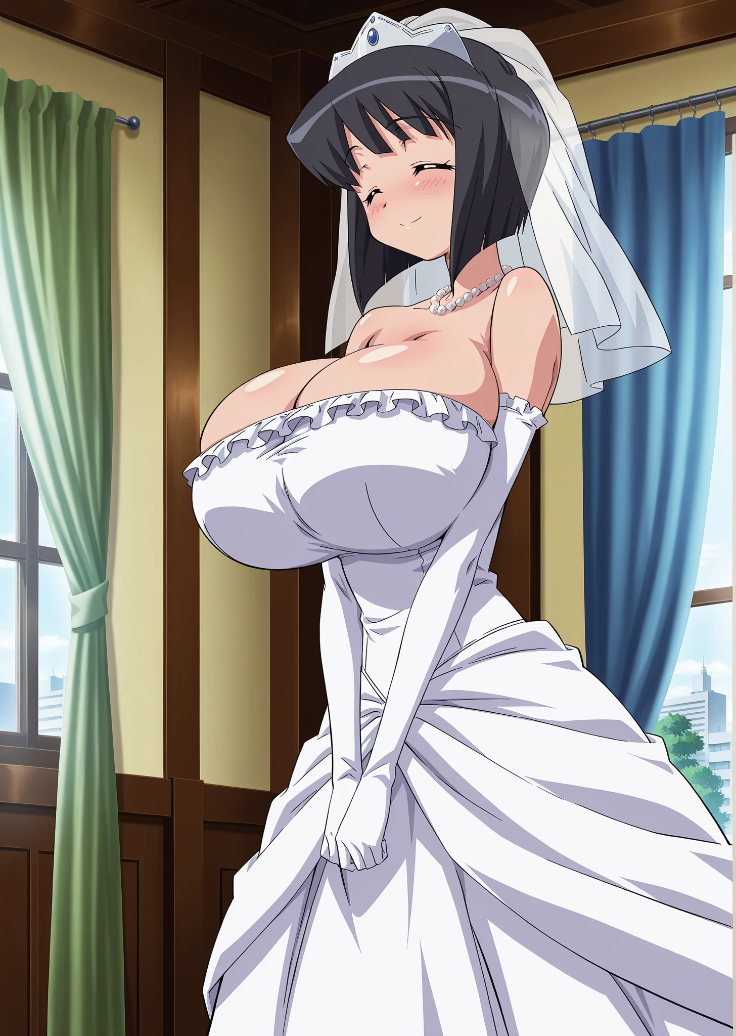 ((anime artstyle)),(((Masterpiece))), ((Best Quality)), ((Super Detail)), Illustration, (((Very Delicate and Beautiful))),Dynamic Angle,Looking at viewer,((((Solo)))),June bride,((((1 arrogant empress in white wedding dress having a wedding ceremony in a royal palace)))), in the flower garden,((((Full body)))),(standing),(((smile))),(blash),Purple eyes,(Sharp eyes),Detailed Face, Long Eyelashes,Jet Black Hair,(Straight Hair),((Very Long Hair)),Bangs between eyes, ((((gigantic breasts)))),cleavage,skindentation,curvy,See-through,(((fusion of white wedding dress and white rococo ball gown))),(fluffy white wedding dress with gorgeous embroidery),((hoop skirt)),long skirt,corset,crinoline,(long wedding veil),opera gloves,finely decorated jeweled big tiara, gem earrings,finely decorated necklace,Beautifully jeweled ornaments,indoor,((white lily flowers)), flower petals flowing,Stained glass,light particles,