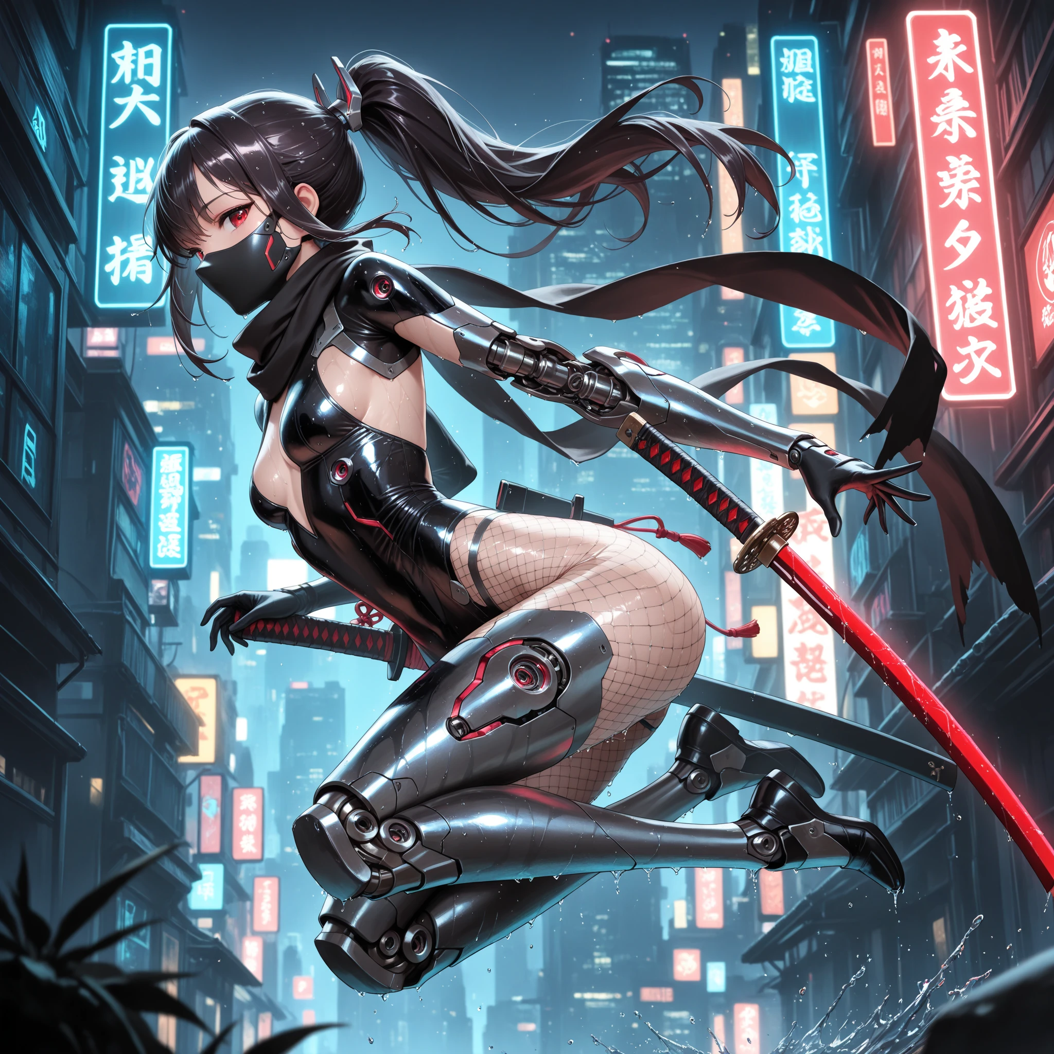 Young woman with long straight black hair, Side Mao Insult, Female swordsman, turquoise fluorescent full-body tights, Sci-fi armor, Chest, cleveage, , tights, High heel, apocalyptic ruined city