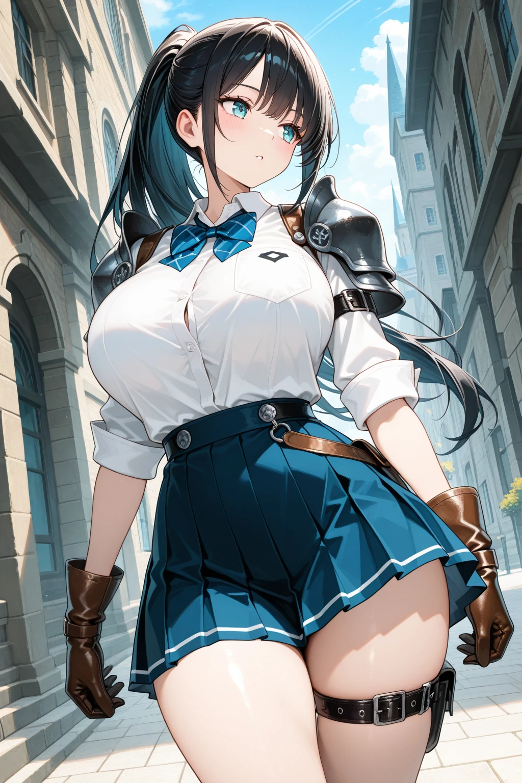 masterpiece、The best、1 female、denim vest、Denim shorts、Red shirt, Bun bun、black hair、Shoulder leakage、big breasts、chubby、Smile、White suspenders、lace leggingackpack,On campus,pose