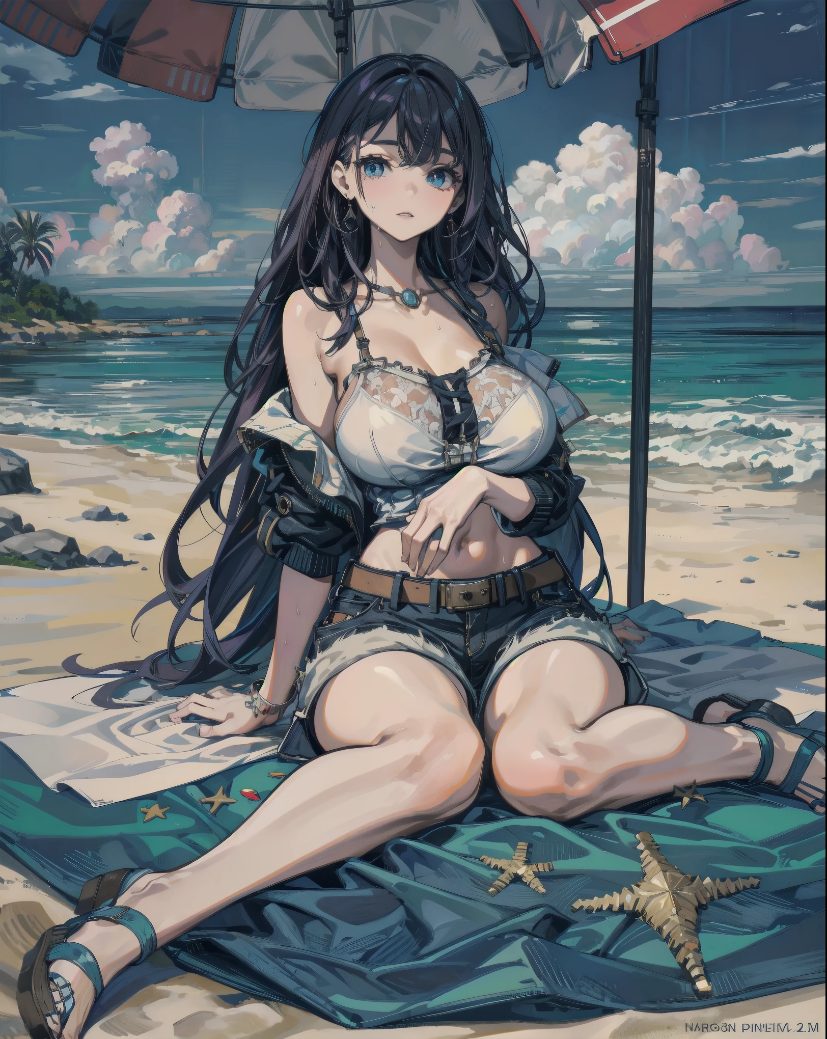 Obra maestra,estilo animado,chibi,chica sexy,pelo negro,pelo hasta los hombros con dos coletas,bikini,sonriente,Bigger breasts,esperando en el lado derecho de la imagen,mostrando escote,cuerpo completo,de pie,