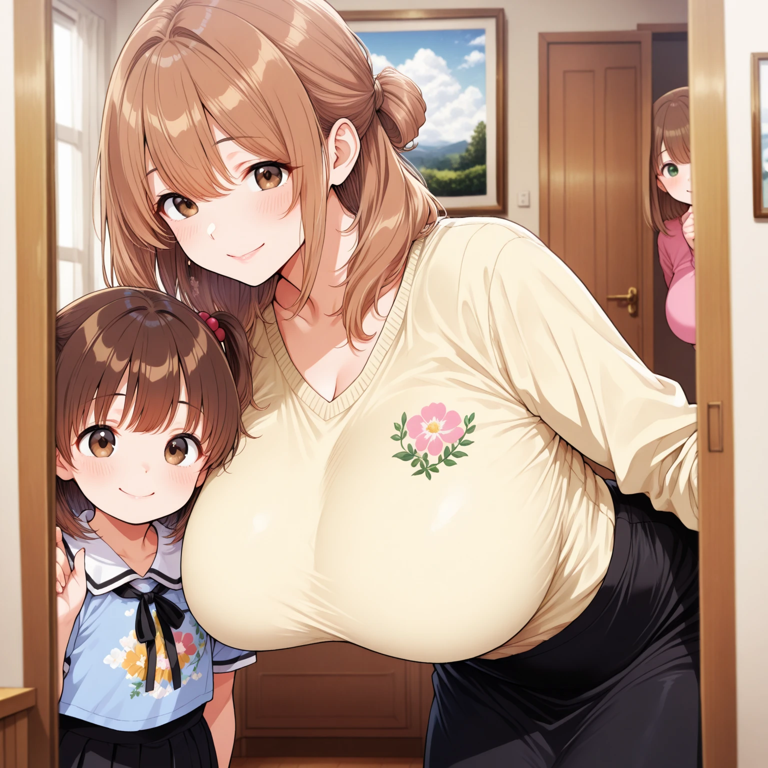 anime colored,iida nana,railwars!,(Holding a baby:1.5),Huge breasts,Smile,house wife