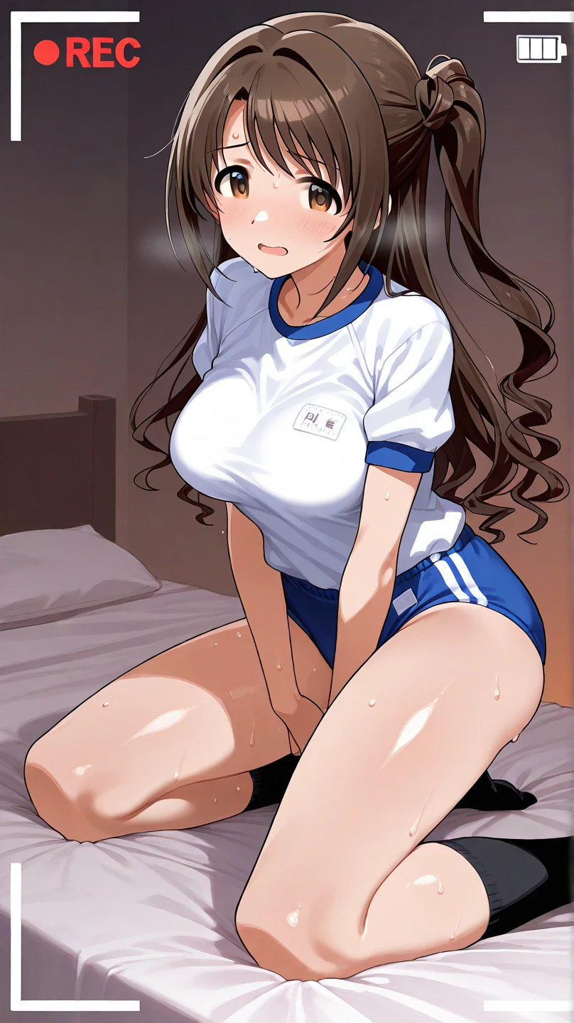 table top, highest quality, High resolution,  perfect pixel,  4k,, 1 girl, single, alone, Beautiful woman、I could see the whole body、 ((short wavy hair, bangs, brown hair)), ((brown eyes, beautiful eyelashes, realistic eyes)), ((detailed face, blush:1.2)), ((smooth texture:0.75, realistic texture:0.65, realistic:1.1, Anime CG style)), medium breasts, dynamic angle, perfect body,  ((sit with legs spread、Blue and white volleyball uniform、blue and white short sleeve shirt、blue shorts、、、))、locker room、、Very embarrassing panic smile、、、sheer bra、my chest is wet、cover your chest with both hands