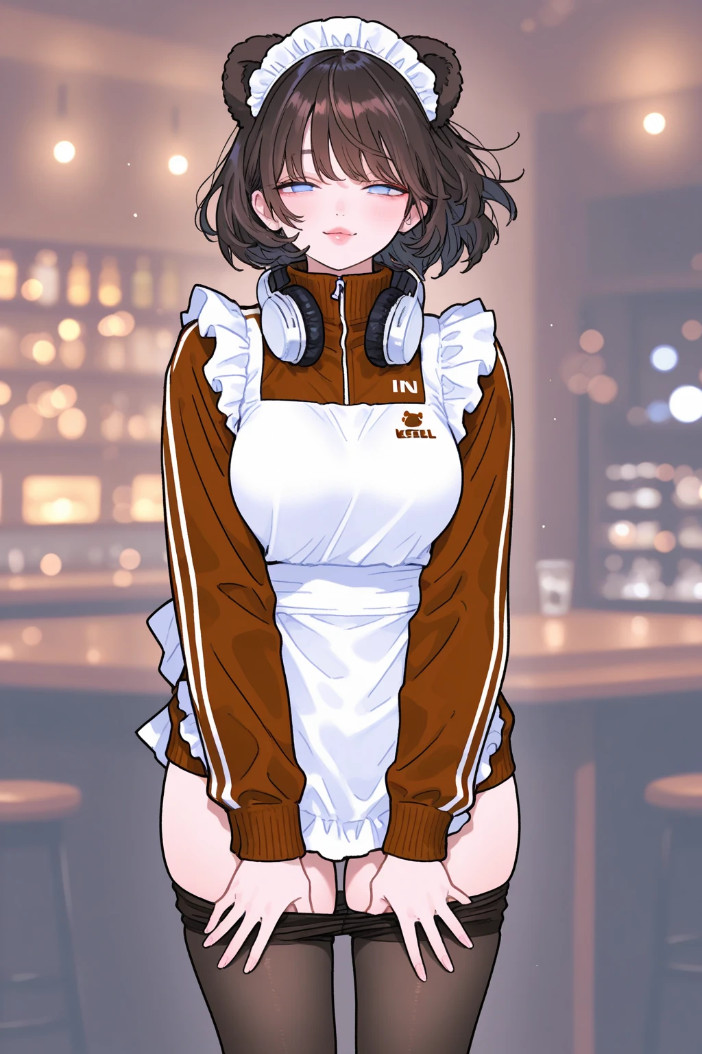 whole body, 1 girl, standing alone, chestnut hair, ssmile, looking to the down, secretary, Eyes red, cups, detailded , pants, waist belt, thick thighs, shorth hair, Bblack hair, white shirt, black pants, KelvinHiuArtist hair ,flat-colors, ,outline,