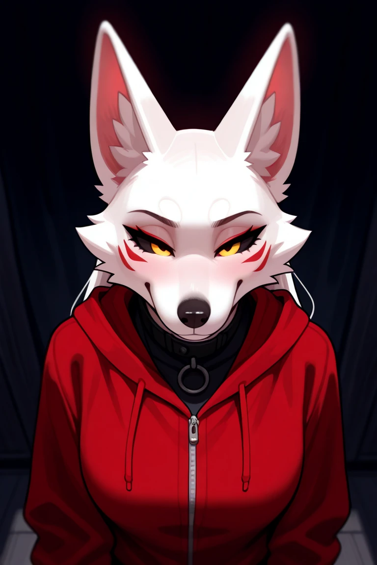 score_9, score_8_up, (clear simple background, white background, papyrus background), ((adult))
(girl:1.2), _young, lagre_breasts , smug face, Serious face expression, whore_makeup, tribal makeup, solo, (blond hair, red hoody, , female), (wearing grey wolf hide, grey colored wolf head cap:1.2), (fullbody, tattoos, curvey bode, cute face, focus), beautiful,