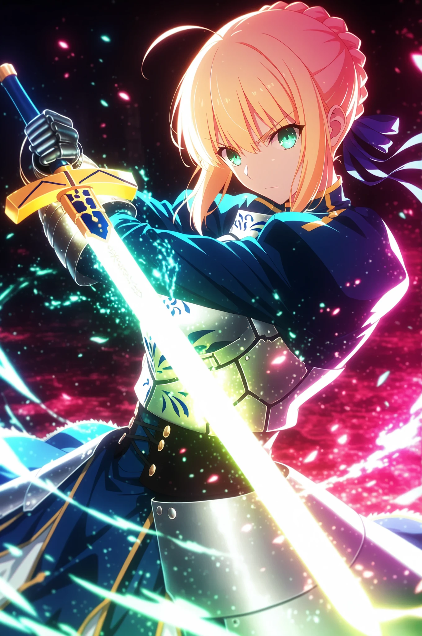 masterpiece, best quality, weapon, holding sword, 1girl, saber, fate_(series), 1girl, blonde_hair, green_eyes, tied hair, SHN journey, neon art, neon colors, glowing, glow effect, bright outlines, vibrant colors, high contrast, dark background, digital art,