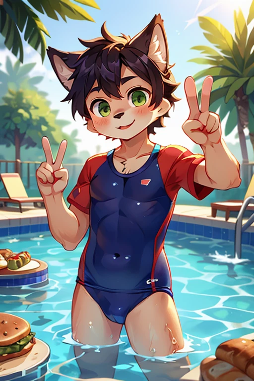 ((((1boy)))), ((thick eyebrows)), fangs, green eyes, ((red and black lingerie)), black hair, chubby((25years)), very short hair, double tooth, (((bear ears))), embarrassed face,((spread legs)), ((legs up))