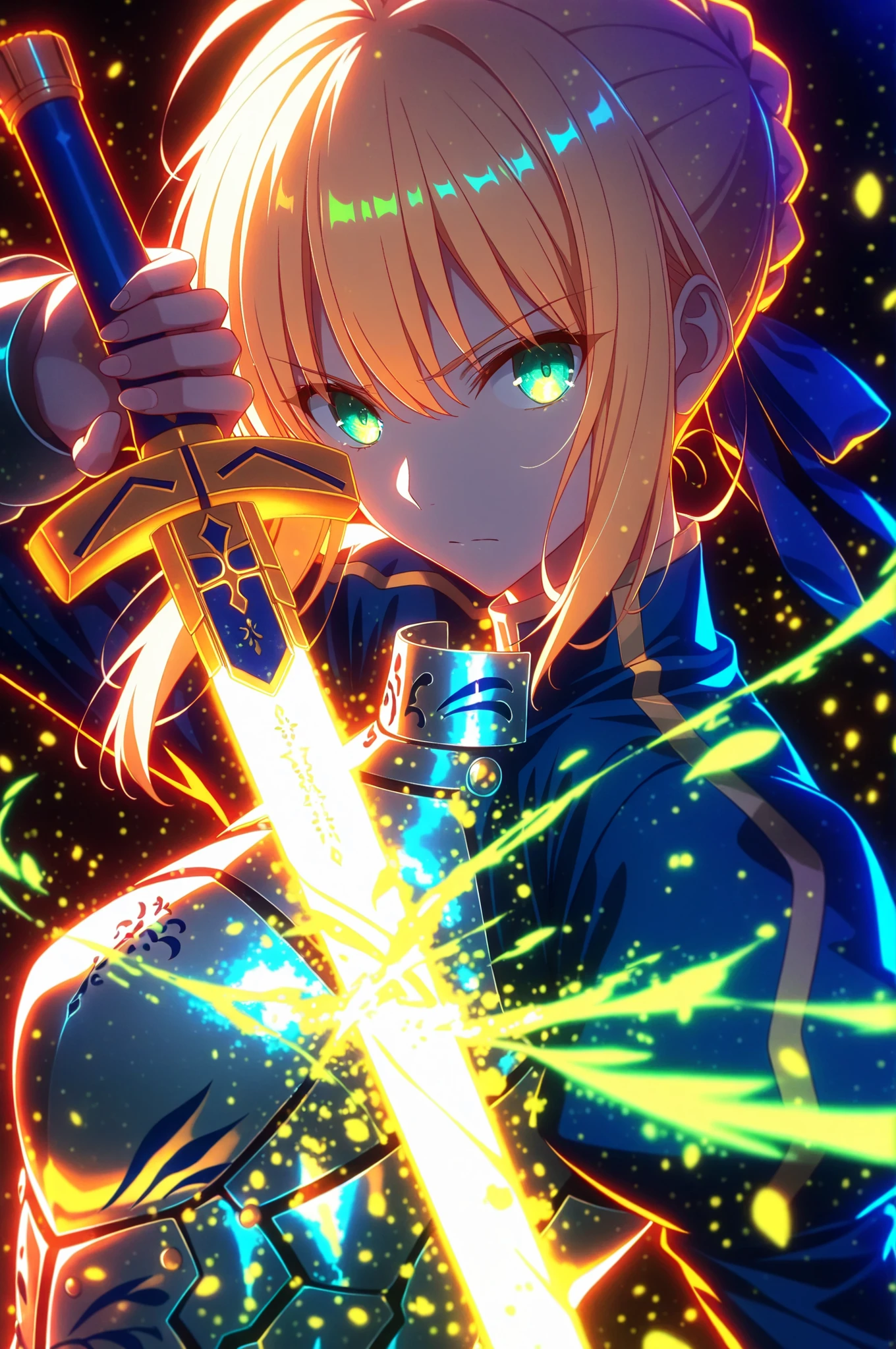 masterpiece, best quality, weapon, holding sword, 1girl, saber, fate_(series), 1girl, blonde_hair, green_eyes, tied hair, SHN journey, neon art, neon colors, glowing, glow effect, bright outlines, vibrant colors, high contrast, dark background, digital art,