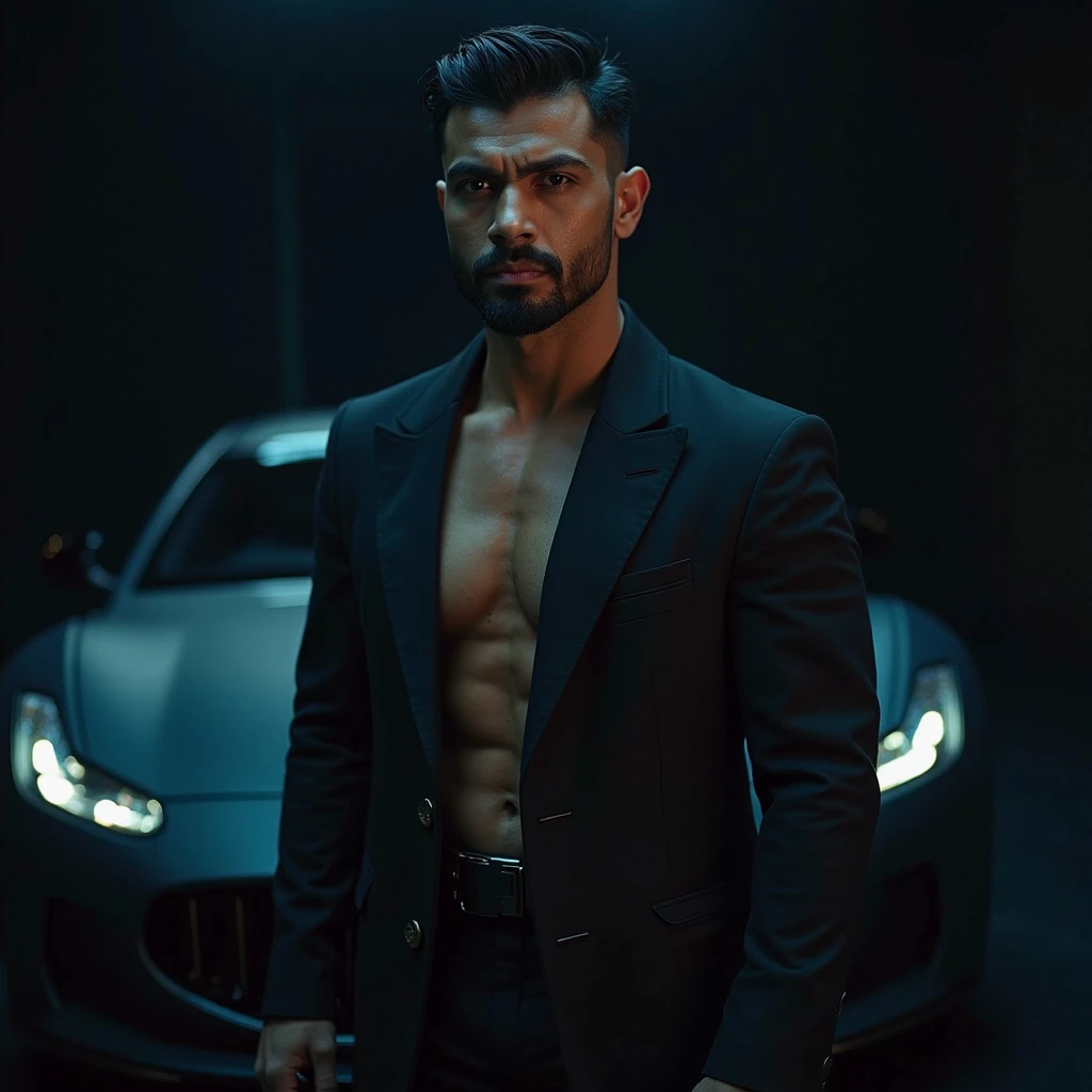 30 years old,One Man,、Handsome。Black Shirt、Red tie、Black gloves、Dhaka - Fighters、Ocean、Lying on your back on the sand　,,logic, ,Very short hair、　,Asian Face,、　Handsome　Black sunglasses　Open your mouth wide and scream　Seen from below